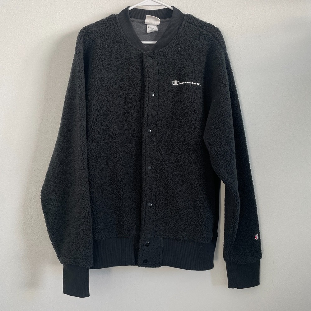 Champion Jacket Women L Black Deep Pile Teddy Sherpa Long Line Varsity Logo